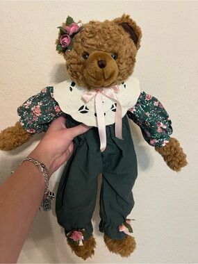 Plush Brown Teddy Bear in Green Floral Outfit with Pink Ribbon